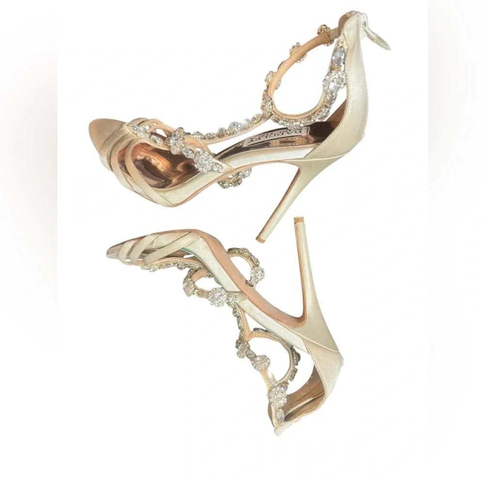 Badgley Mischka Thelma Ankle Strap Heels with Crystal Flower Detailing - Picture 8 of 9